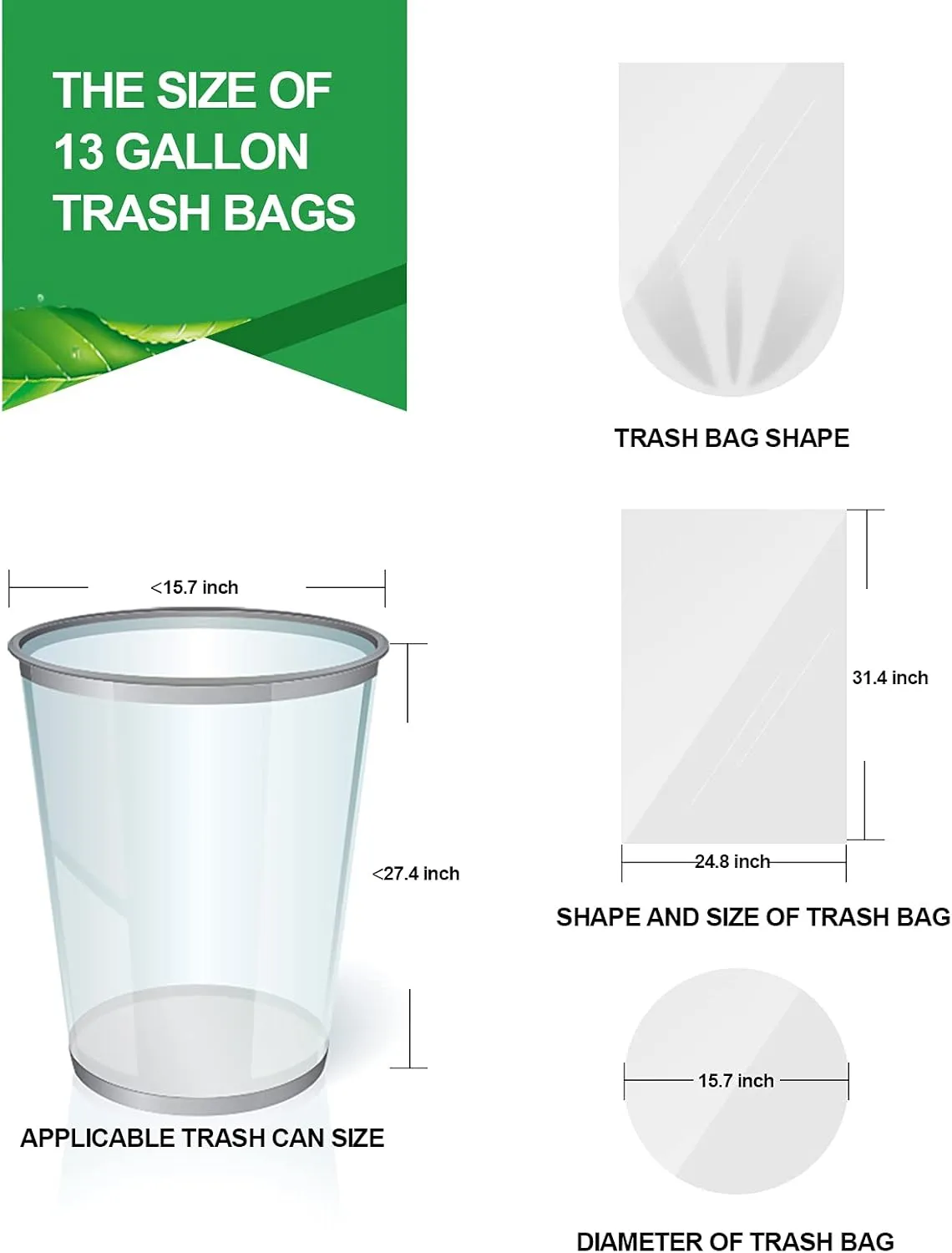 FORID 13 Gallon Trash Bags - Clear Plastic Garbage Bag Unscented Tall Medium Can Liners for Kitchen Office Home Waste Basket 5 Roll 55 Liters 80 Counts