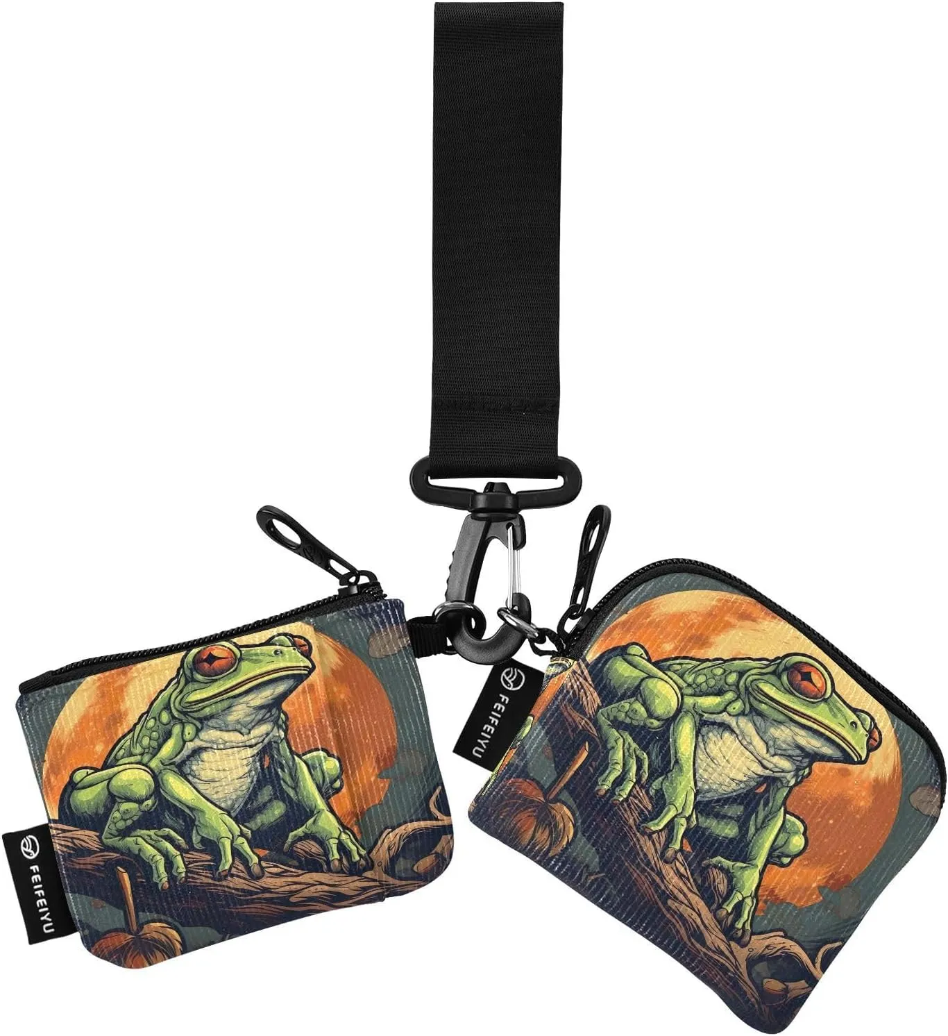 Frogs under Moonlight Zip Around Wristlet Wallet for Women Portable Detachable Dual Pocket Keychain Wallet Wrist Wallet