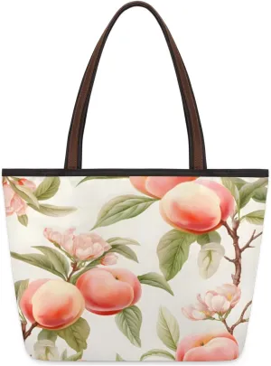Fruit Peach Print Tote Bag with Zipper 15 Inch Canvas Tote Bag for Women Shoulder Handbag