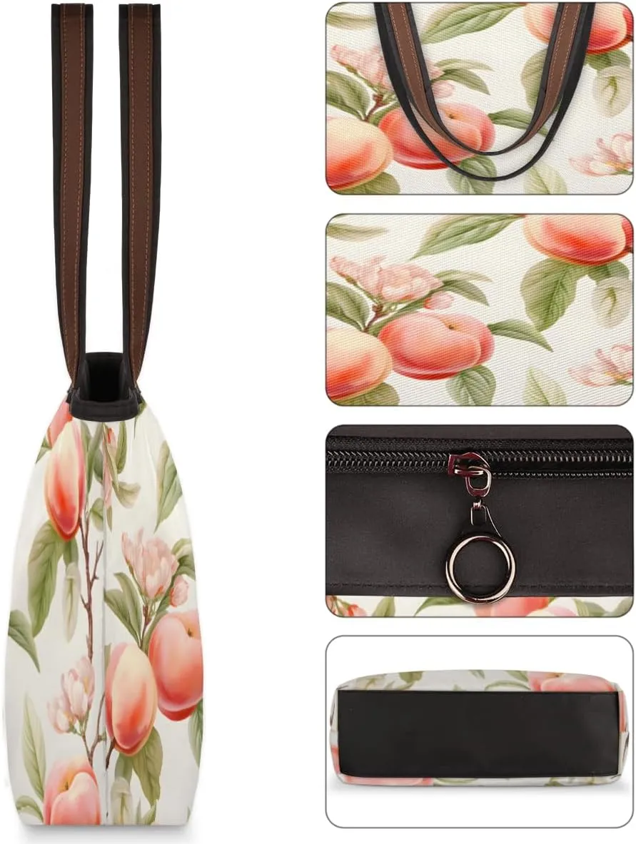 Fruit Peach Print Tote Bag with Zipper 15 Inch Canvas Tote Bag for Women Shoulder Handbag