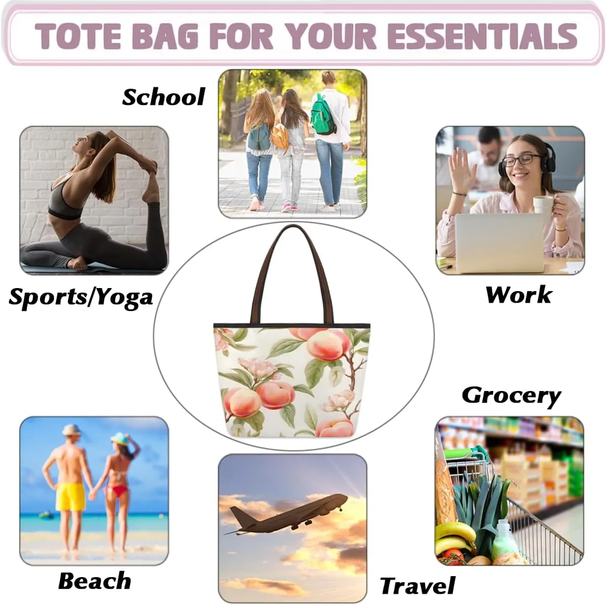 Fruit Peach Print Tote Bag with Zipper 15 Inch Canvas Tote Bag for Women Shoulder Handbag