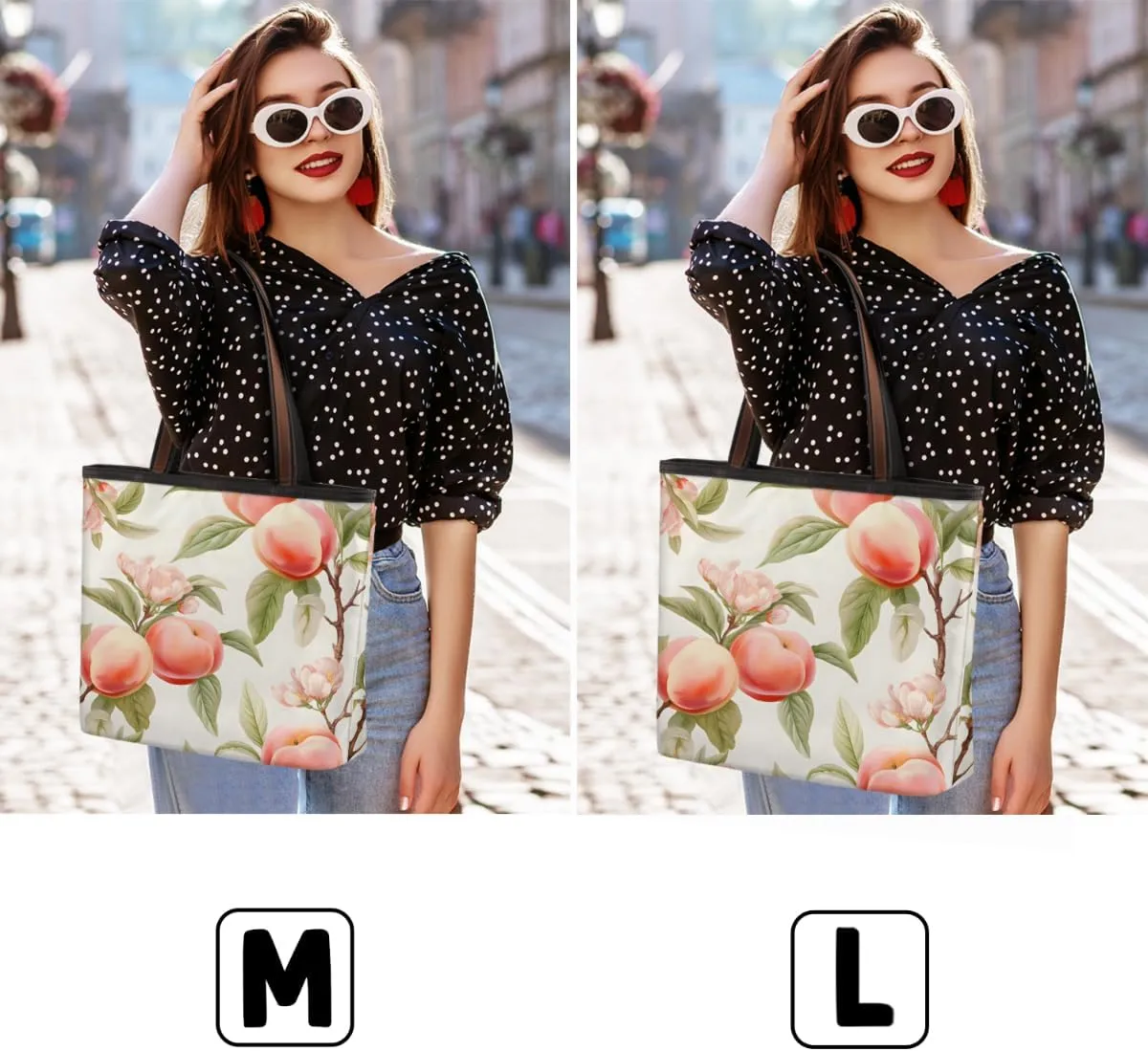 Fruit Peach Print Tote Bag with Zipper 15 Inch Canvas Tote Bag for Women Shoulder Handbag