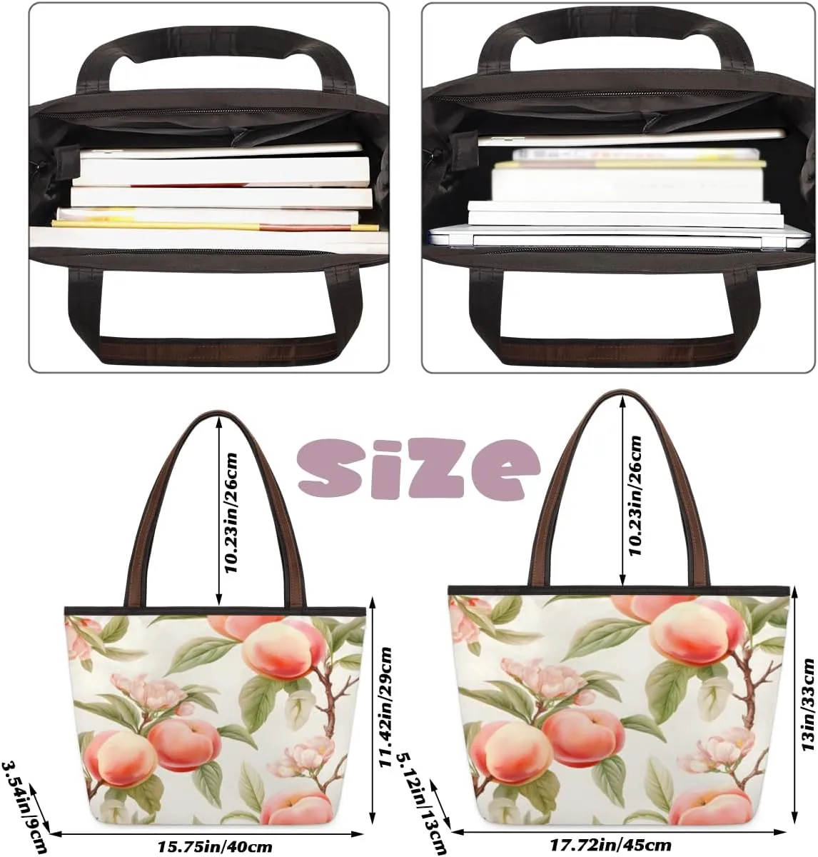 Fruit Peach Print Tote Bag with Zipper 15 Inch Canvas Tote Bag for Women Shoulder Handbag