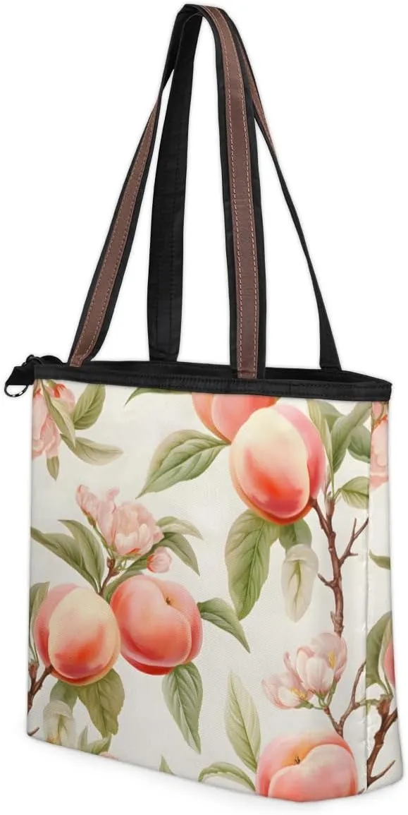 Fruit Peach Print Tote Bag with Zipper 15 Inch Canvas Tote Bag for Women Shoulder Handbag