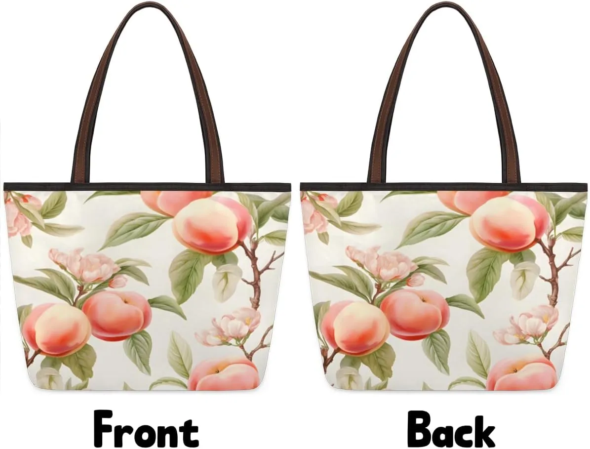 Fruit Peach Print Tote Bag with Zipper 15 Inch Canvas Tote Bag for Women Shoulder Handbag
