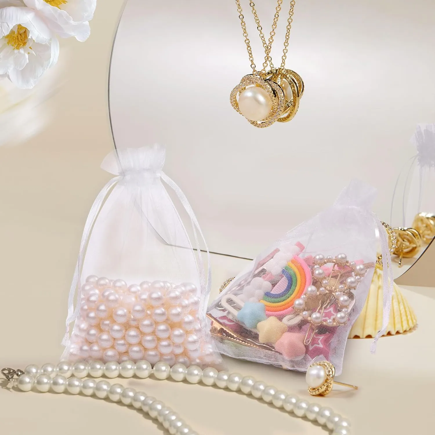 FUNFERY 100 Pcs White Organza Bags 3x4 in, Small Mesh Drawstring Gift Bags for Sachet, Jewelry, Candy, Wedding Favor, Easter Day