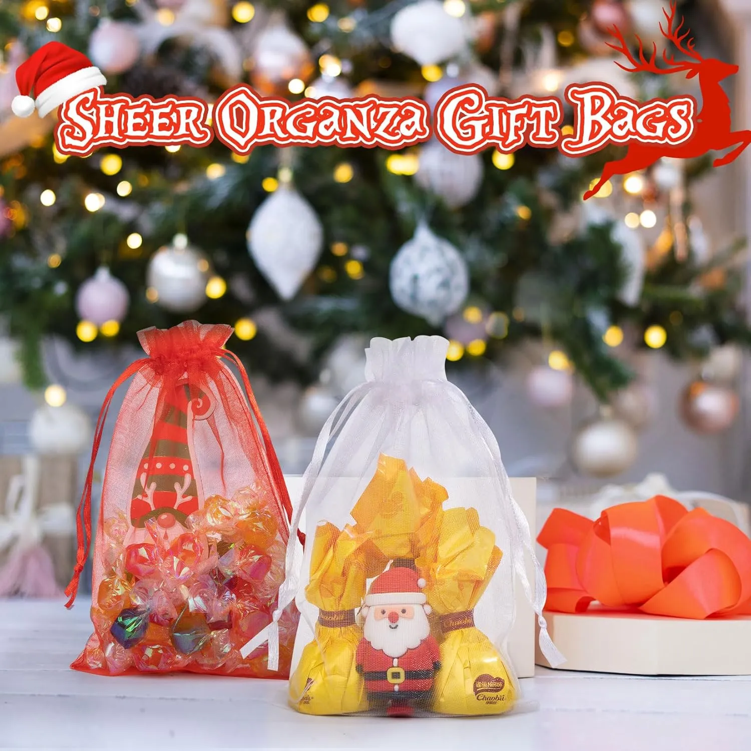 FUNFERY 100 Pcs White Organza Bags 3x4 in, Small Mesh Drawstring Gift Bags for Sachet, Jewelry, Candy, Wedding Favor, Easter Day