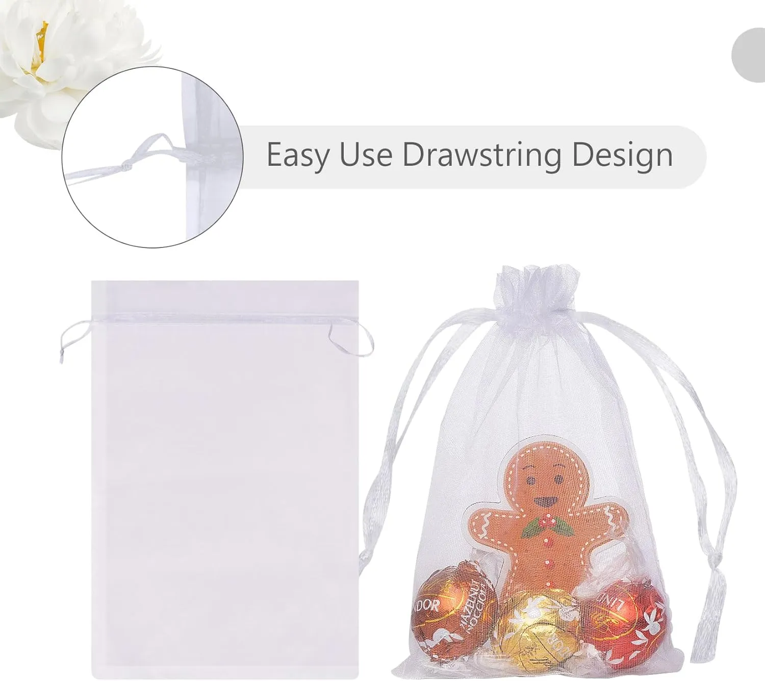 FUNFERY 100 Pcs White Organza Bags 3x4 in, Small Mesh Drawstring Gift Bags for Sachet, Jewelry, Candy, Wedding Favor, Easter Day