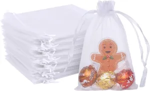 FUNFERY 100 Pcs White Organza Bags 3x4 in, Small Mesh Drawstring Gift Bags for Sachet, Jewelry, Candy, Wedding Favor, Easter Day