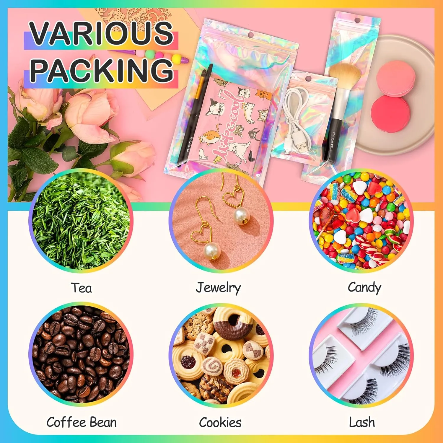 Funfery 50 Pcs Smell Proof Holographic Resealable Bags Clear Window,Mylar Foil Baggie with Zipper,Sealing Pouch Packaging Bag for Food Storage,Candy,Party Favor Sample Business Supplies(6.3x9.4in)