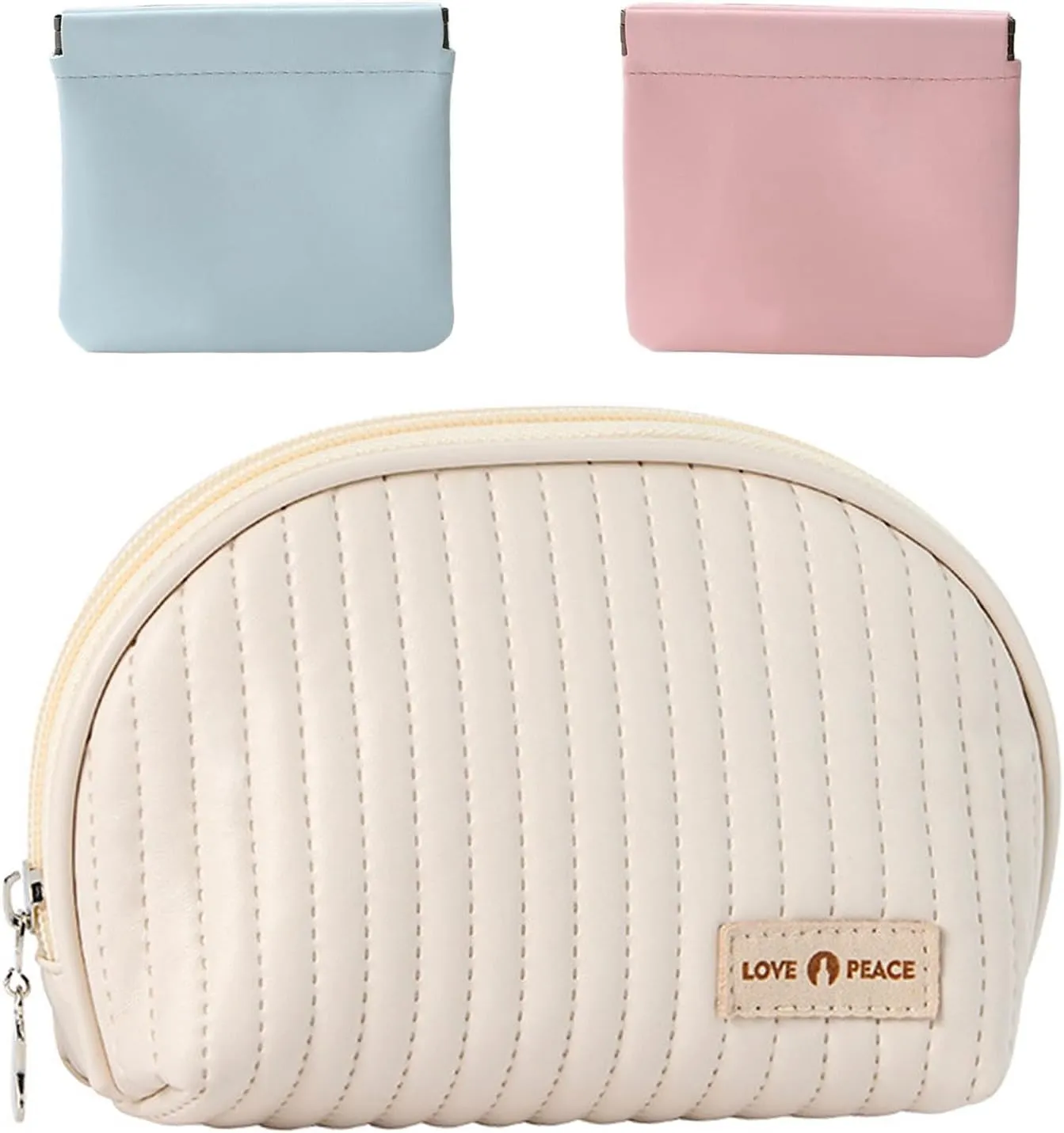 Fuxiqar Mini Small Makeup Bag-Cute Semicircle Cosmetic Pouch for Women,PU Leather Waterproof Tiny Makeup Pouch Purse,Toiletry Bag for School with Two Small Bags Preppy Birthday Gift (Beige)