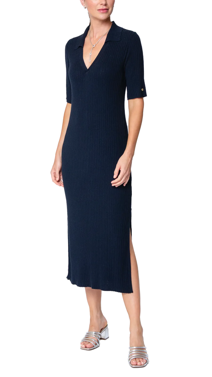 Gillian Rib Knit Midi Polo Dress - Dark Navy