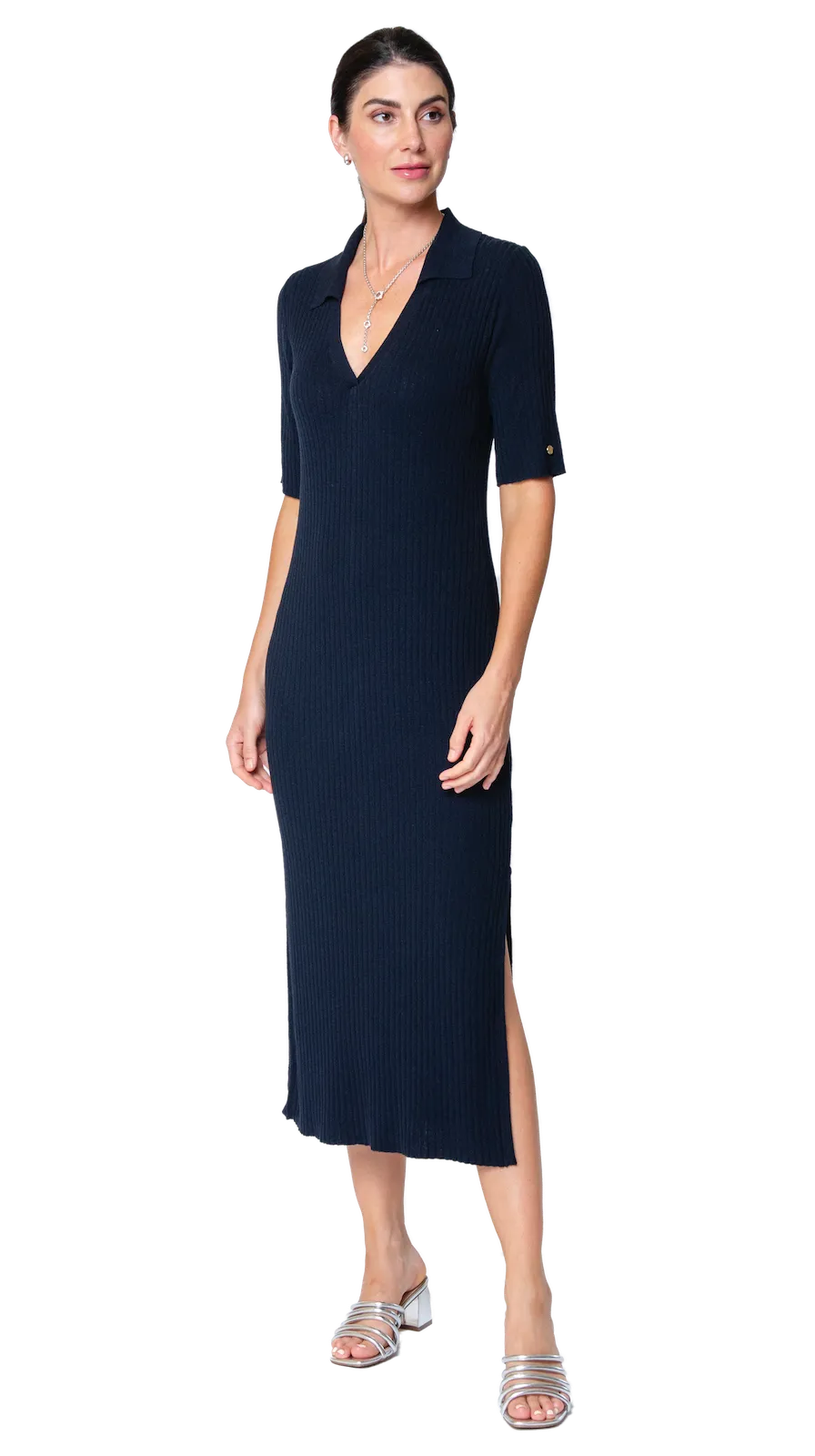 Gillian Rib Knit Midi Polo Dress - Dark Navy