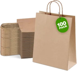 Ginkgo 100 Pcs Paper Gift Bags with Handles, Brown Paper Bags 8x4.25x10.25 Inch, Medium Size Bulk Kraft Bag for Party, Favor, Goodie, Grocery, Shopping