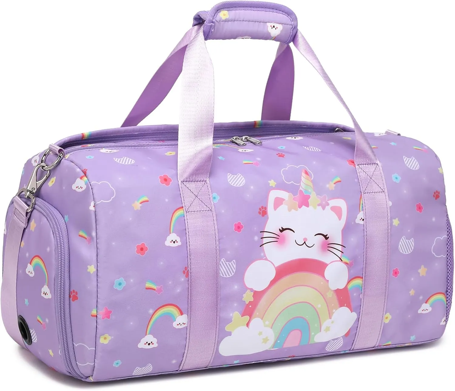 Girls Dance Bag, Unicorn Cat Duffle Bag for Girl Gym Sports Ballet with Shoe Compartments, Girls Overnight Weekender Carry On Travel Bag