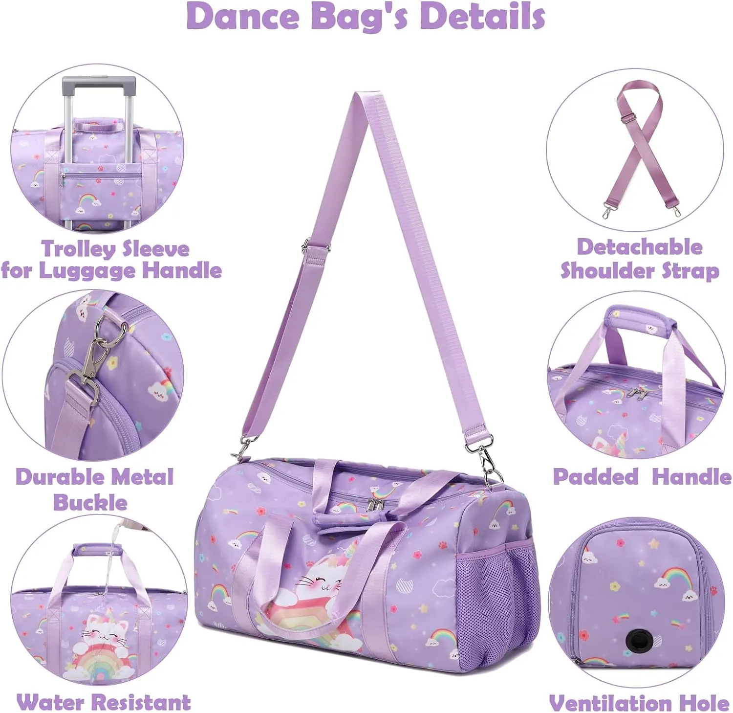 Girls Dance Bag, Unicorn Cat Duffle Bag for Girl Gym Sports Ballet with Shoe Compartments, Girls Overnight Weekender Carry On Travel Bag