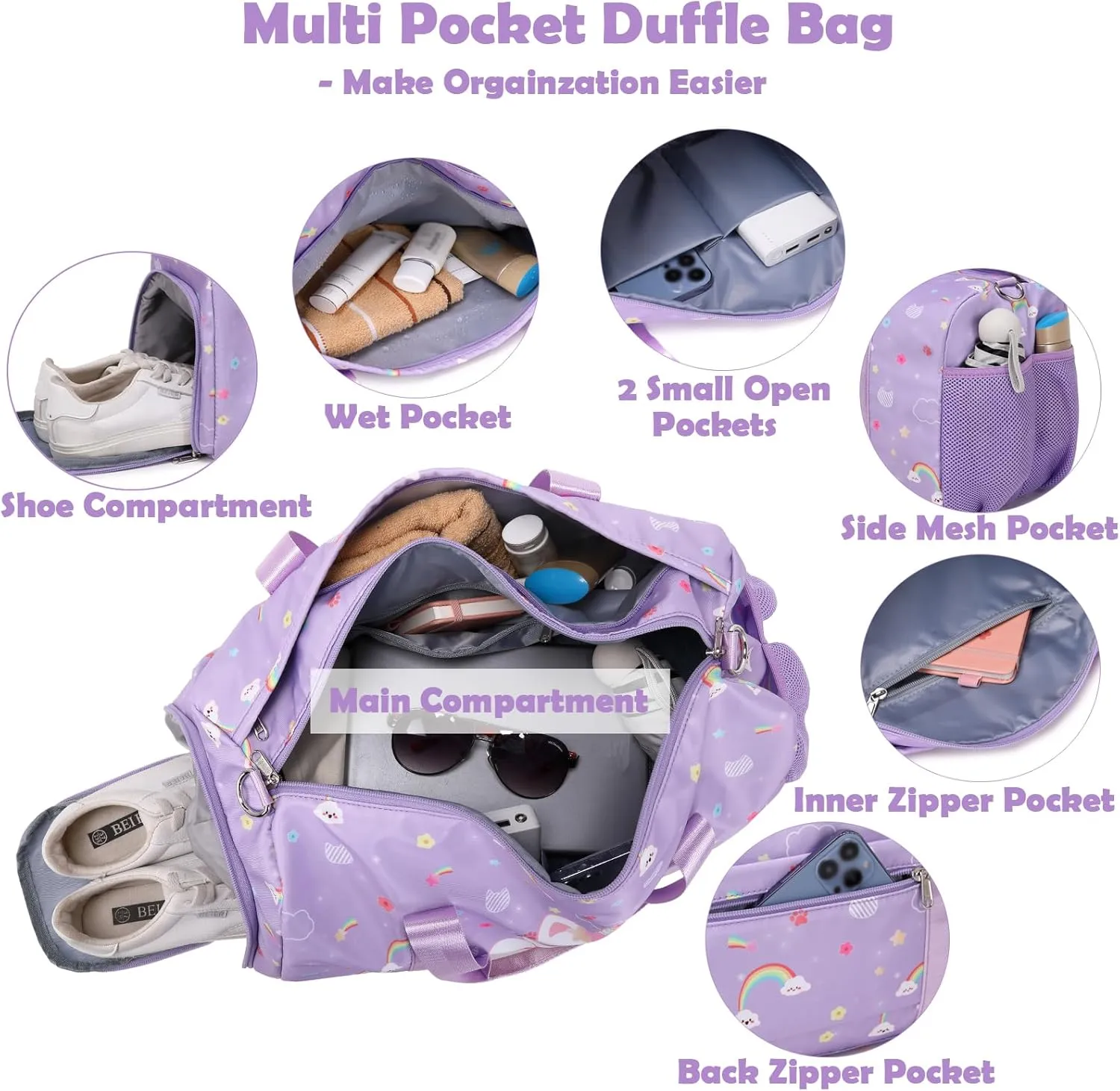 Girls Dance Bag, Unicorn Cat Duffle Bag for Girl Gym Sports Ballet with Shoe Compartments, Girls Overnight Weekender Carry On Travel Bag