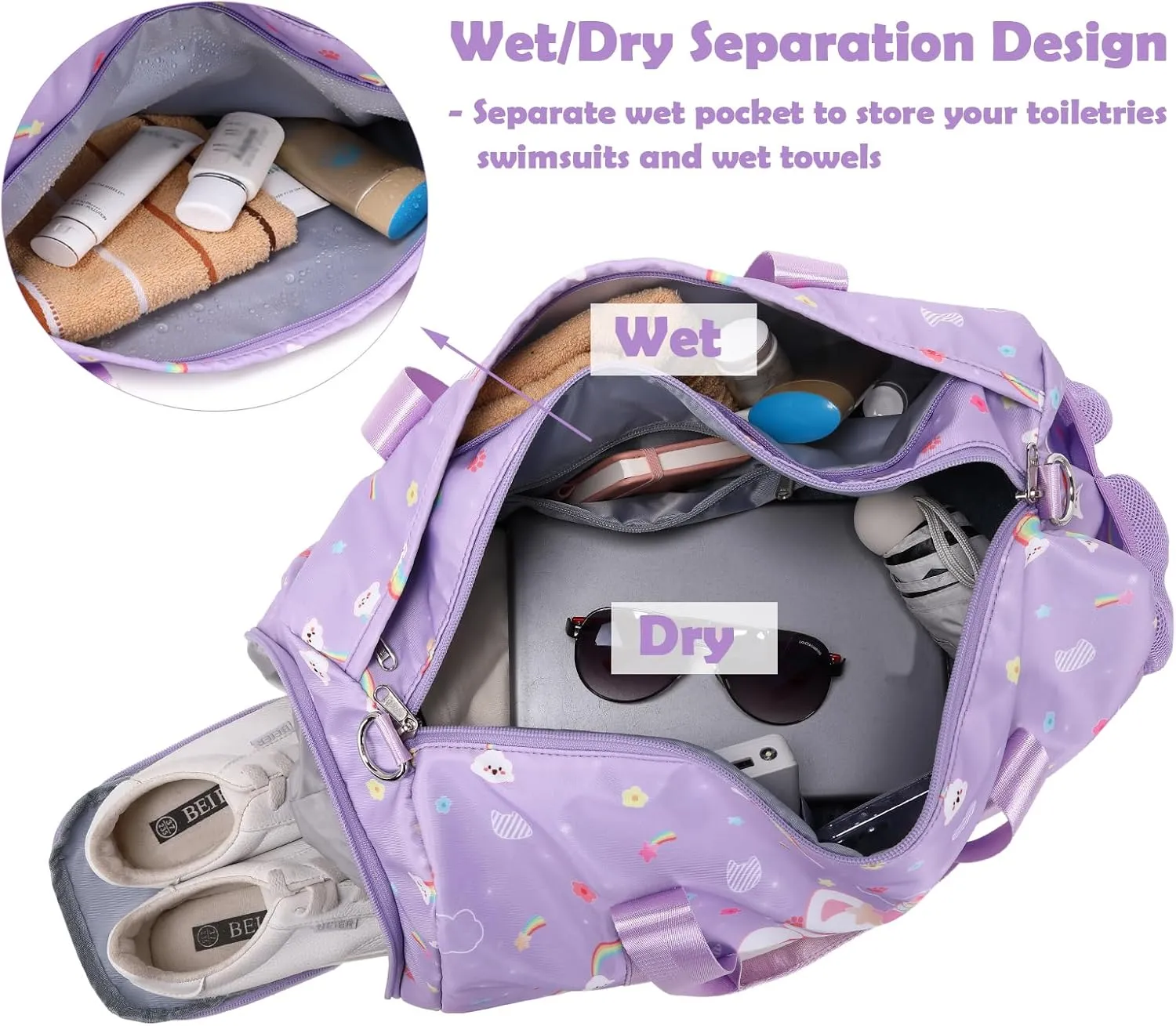 Girls Dance Bag, Unicorn Cat Duffle Bag for Girl Gym Sports Ballet with Shoe Compartments, Girls Overnight Weekender Carry On Travel Bag