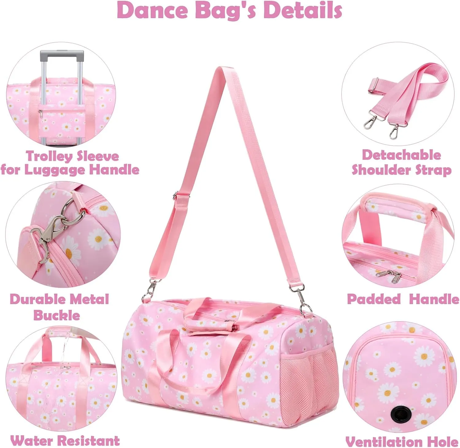 Girls Duffle Bag, Pink Daisy Duffle Bag for Girl Women Gym Sports Ballet Overnight Weekender Carry On Travel with Shoe Compartments