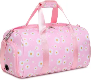 Girls Duffle Bag, Pink Daisy Duffle Bag for Girl Women Gym Sports Ballet Overnight Weekender Carry On Travel with Shoe Compartments