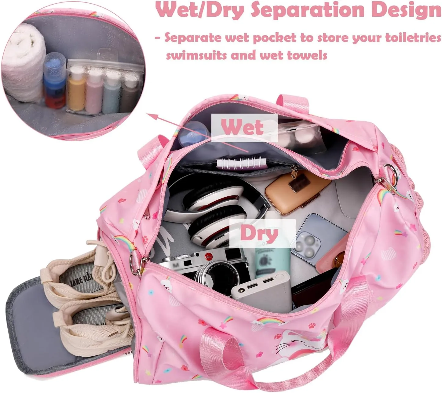 Girls Duffle Bag, Unicorn Cat Dance Gym Sports Ballet Bag with Shoe Compartments, Girls Overnight Weekender Carry On Travel Bag