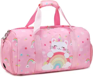 Girls Duffle Bag, Unicorn Cat Dance Gym Sports Ballet Bag with Shoe Compartments, Girls Overnight Weekender Carry On Travel Bag