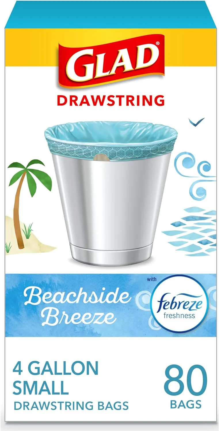 Glad Odorshield Small Drawstring Trash Bags, 4 Gal, Febreze Beachside Breeze, 80 Ct, Pack May Vary
