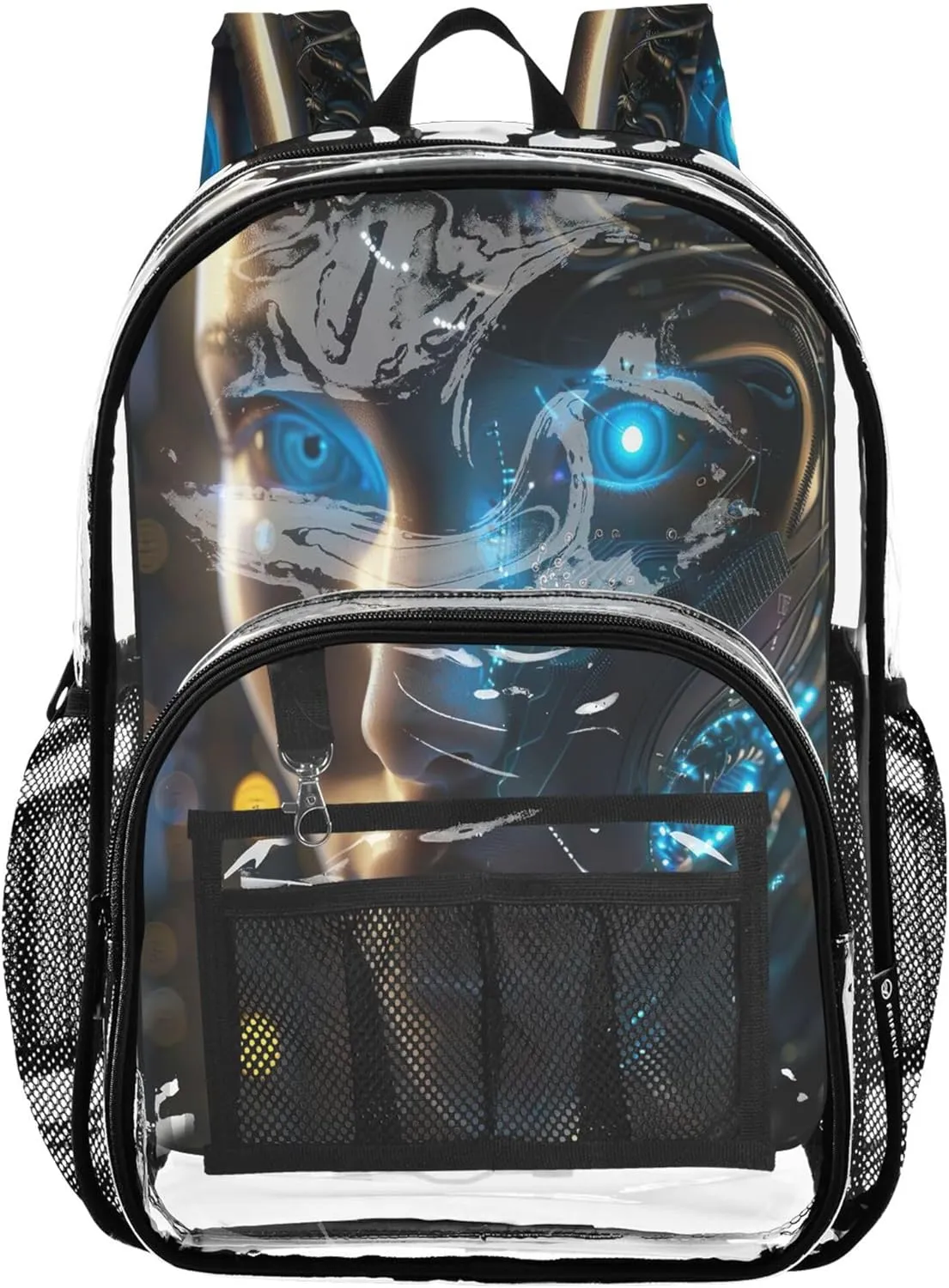 Glowing Robot Face Travel Backpack for Kids, Large Clear Bag, Book Bag