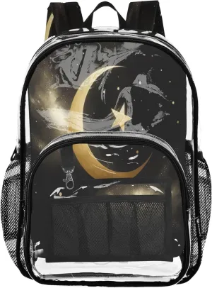 Golden Crescent Star Black Backpacks, Clear Plastic Bag, See through Bag, Clear Backpacks for School