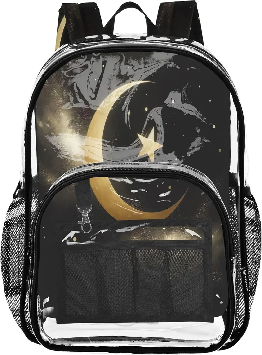 Golden Crescent Star Black Backpacks, Clear Plastic Bag, See through Bag, Clear Backpacks for School
