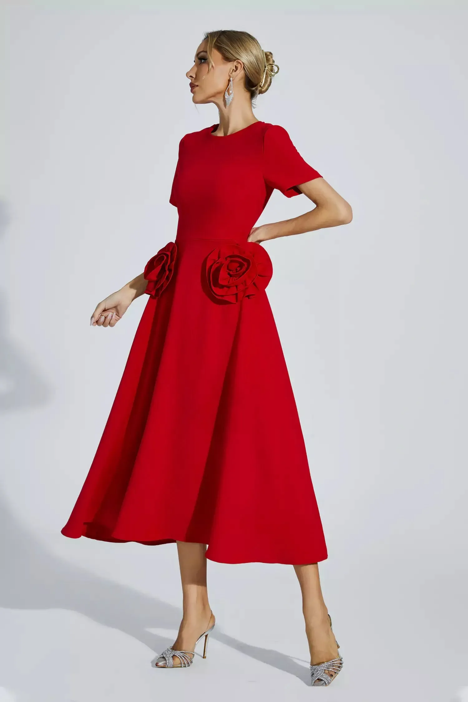 Grace Floral Appliqu Short Sleeve Midi Dress