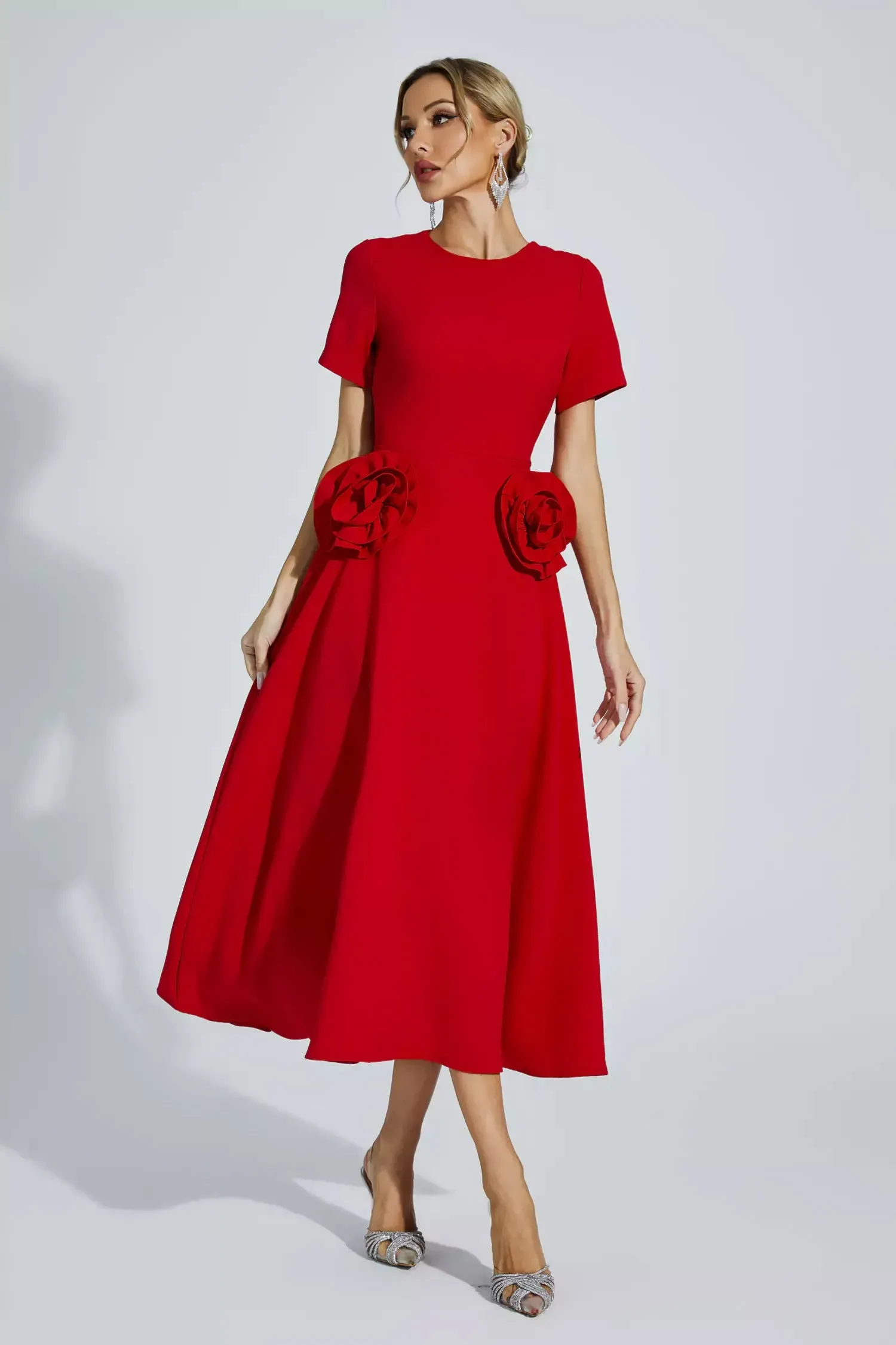 Grace Floral Appliqu Short Sleeve Midi Dress