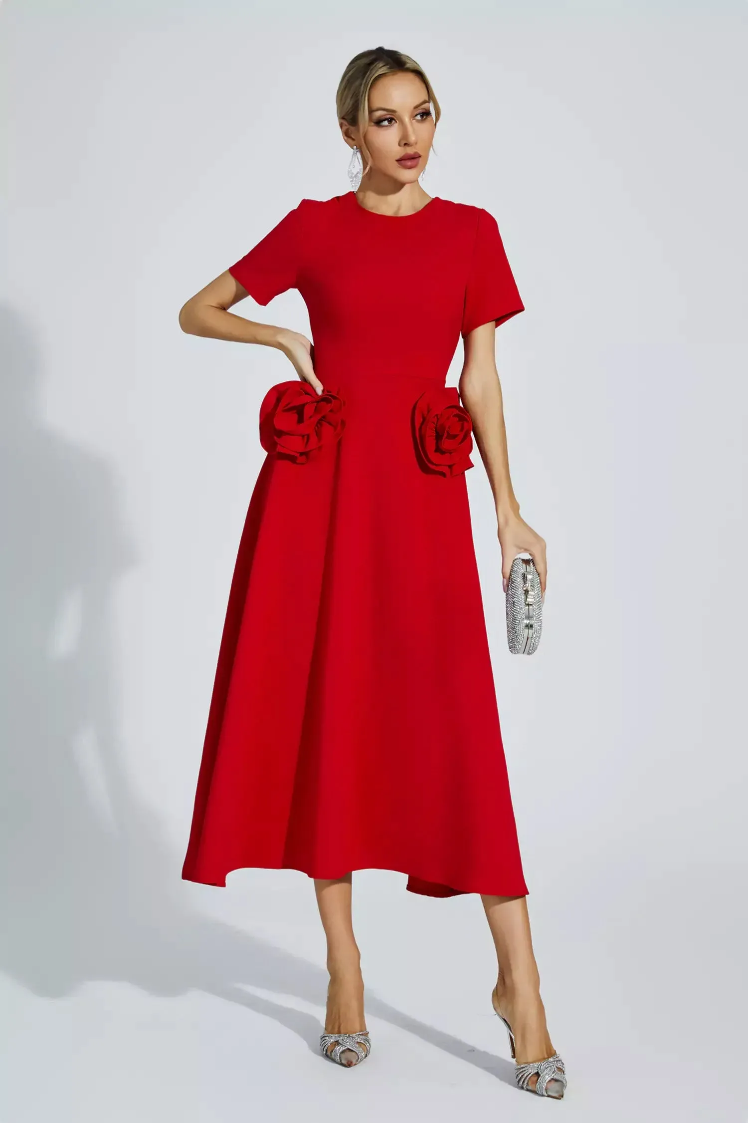 Grace Floral Appliqu Short Sleeve Midi Dress