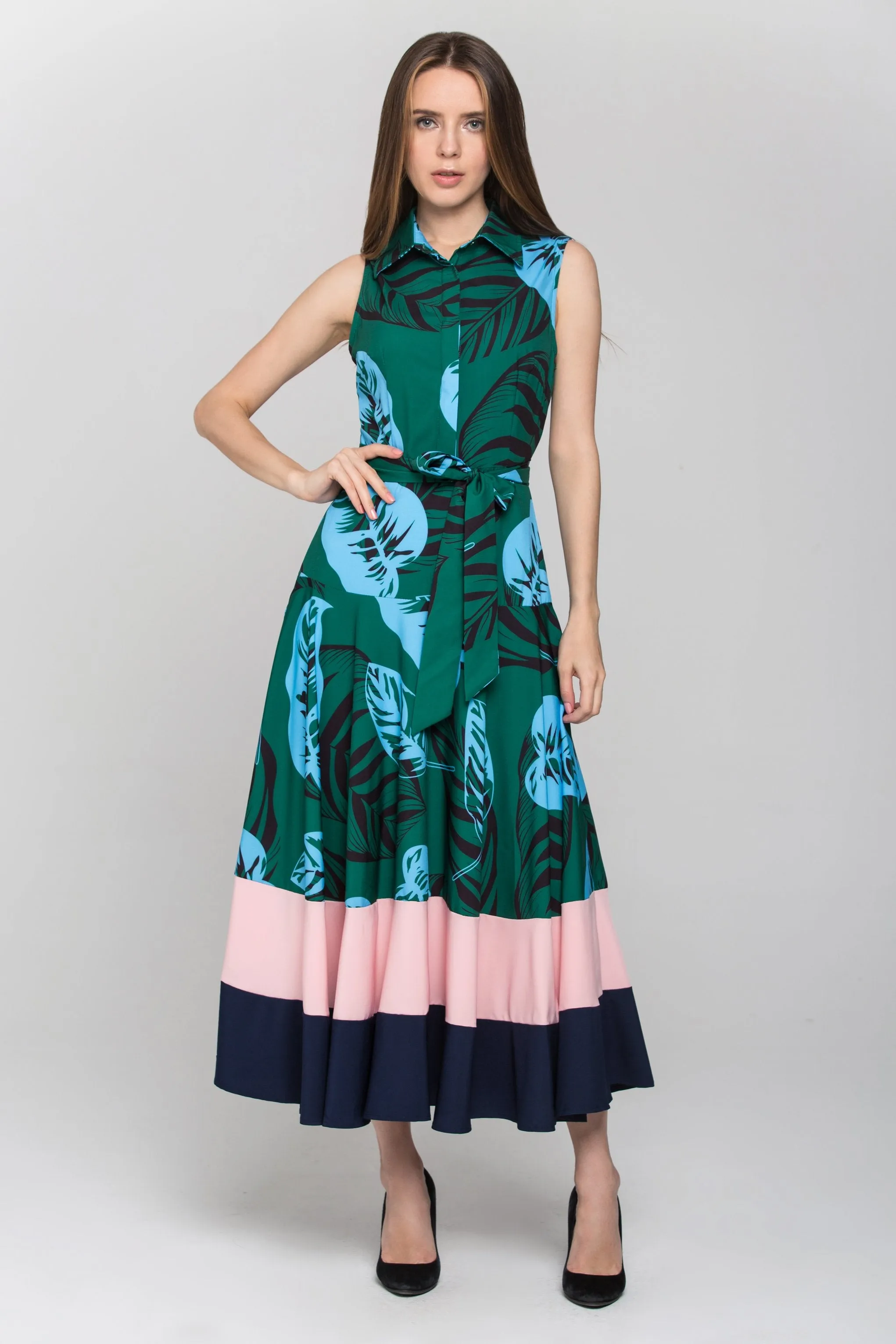 Green Leaf Print Color Block Panel Maxi Dress