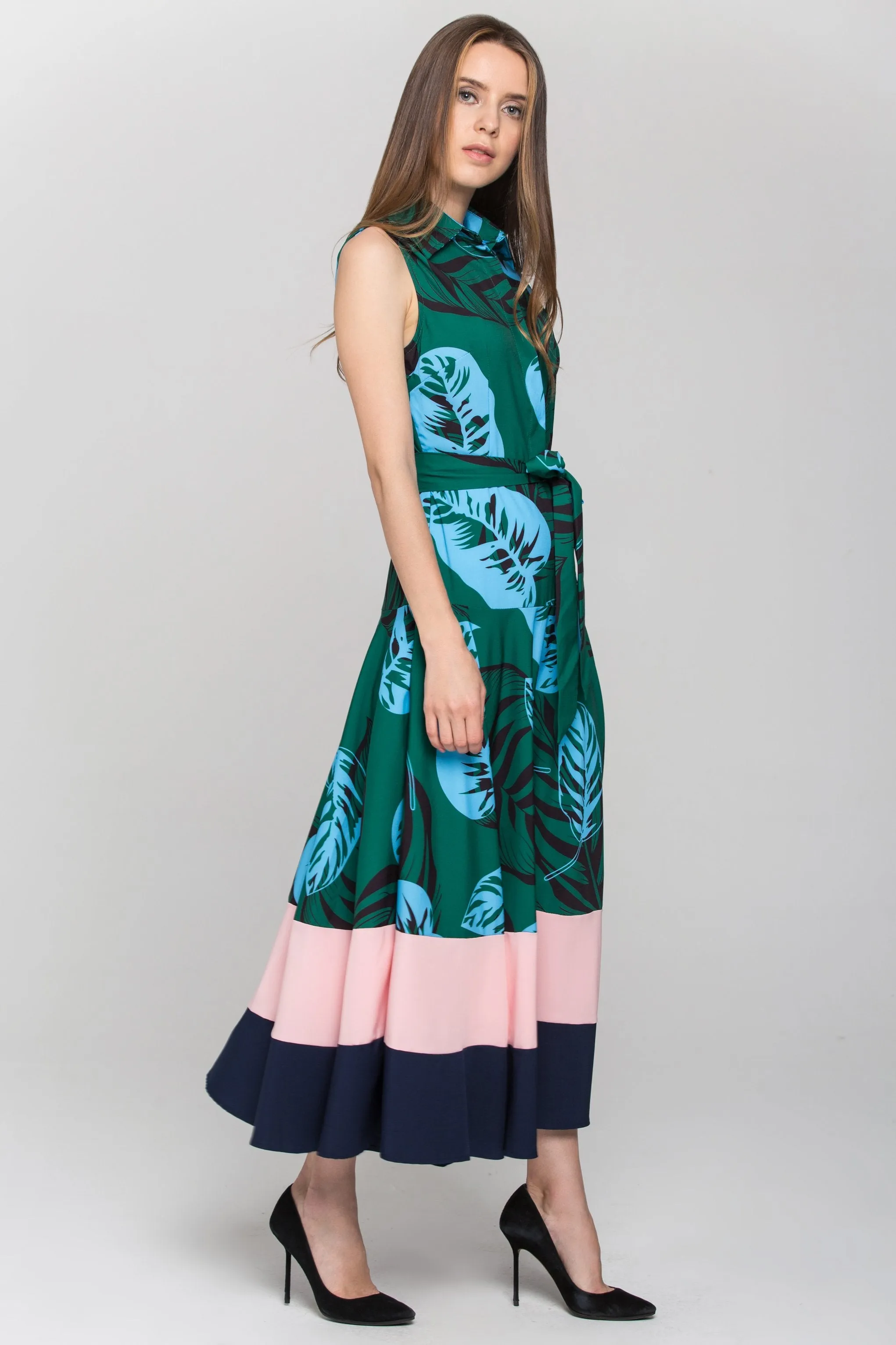Green Leaf Print Color Block Panel Maxi Dress
