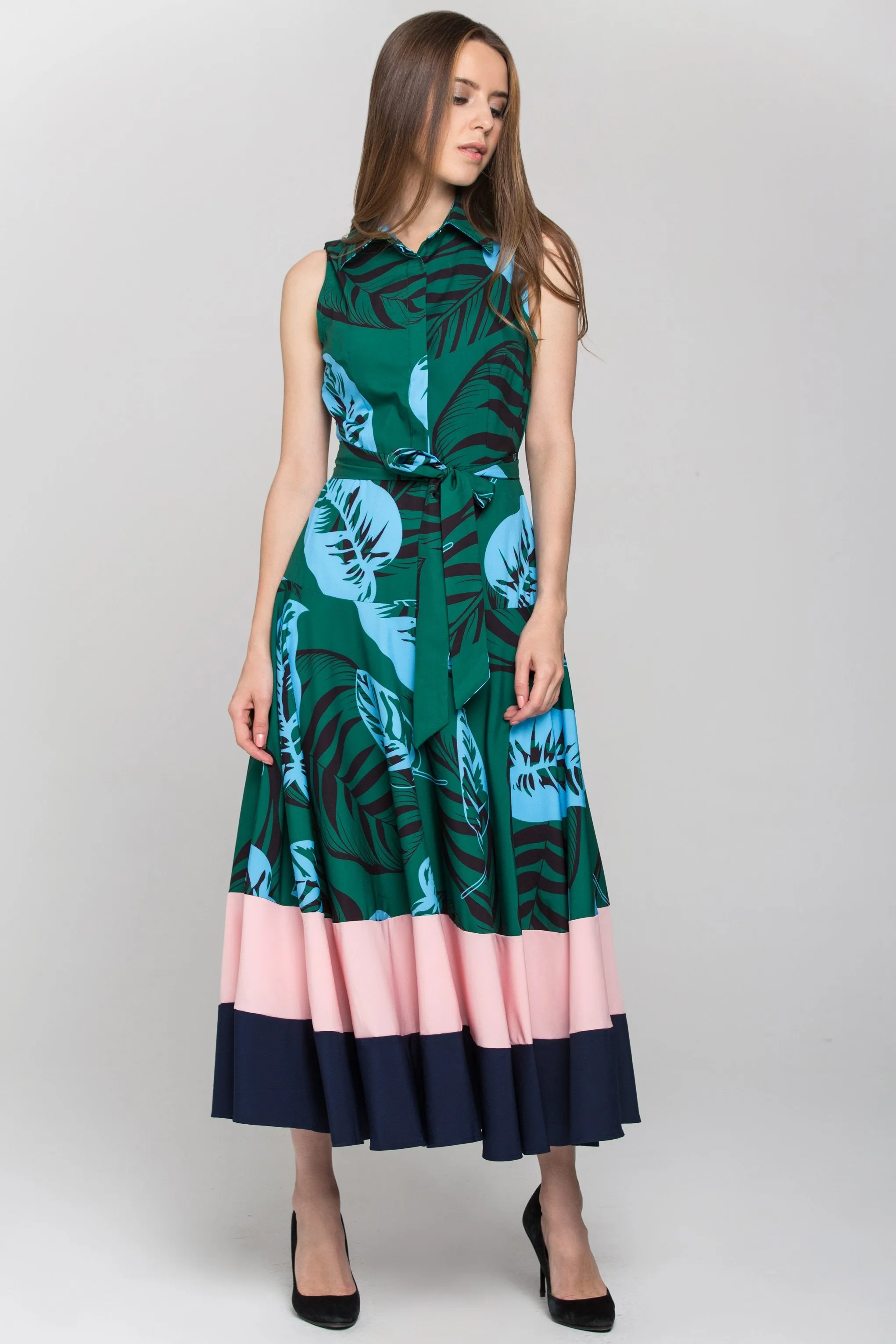 Green Leaf Print Color Block Panel Maxi Dress