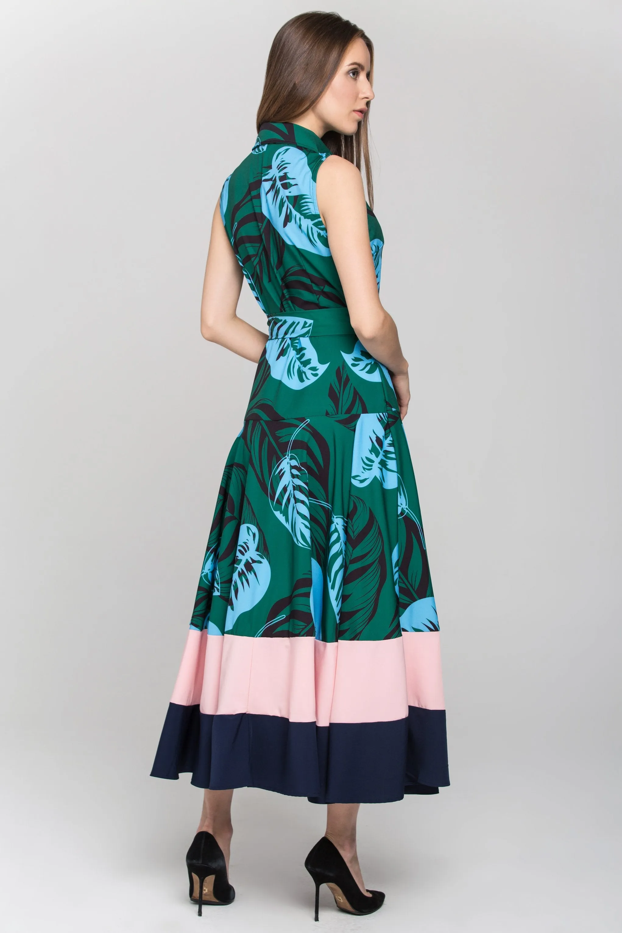 Green Leaf Print Color Block Panel Maxi Dress