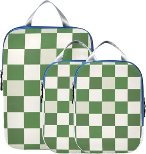 Green White Checkered Buffalo Plaid Compression Packing Cubes for Travel Packing Organizers Backpack 3 Pack Luggage Travel Essentials Carry Must Haves Waterproof Suitcase Storage Bags