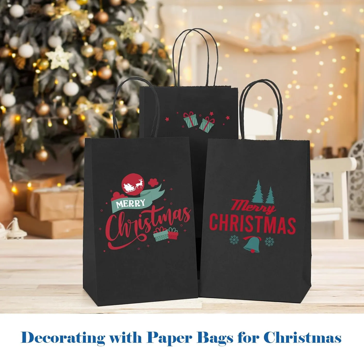 GSSUSA Black Gift Bags 5.25x3.75x8 100Pcs, Valentines Day Bag, Black Paper Bags with Handles Bulk, for Small Business, Sturdy Kraft Paper, Retail Shopping, Party Favor, Valentine's Day Gift Bag