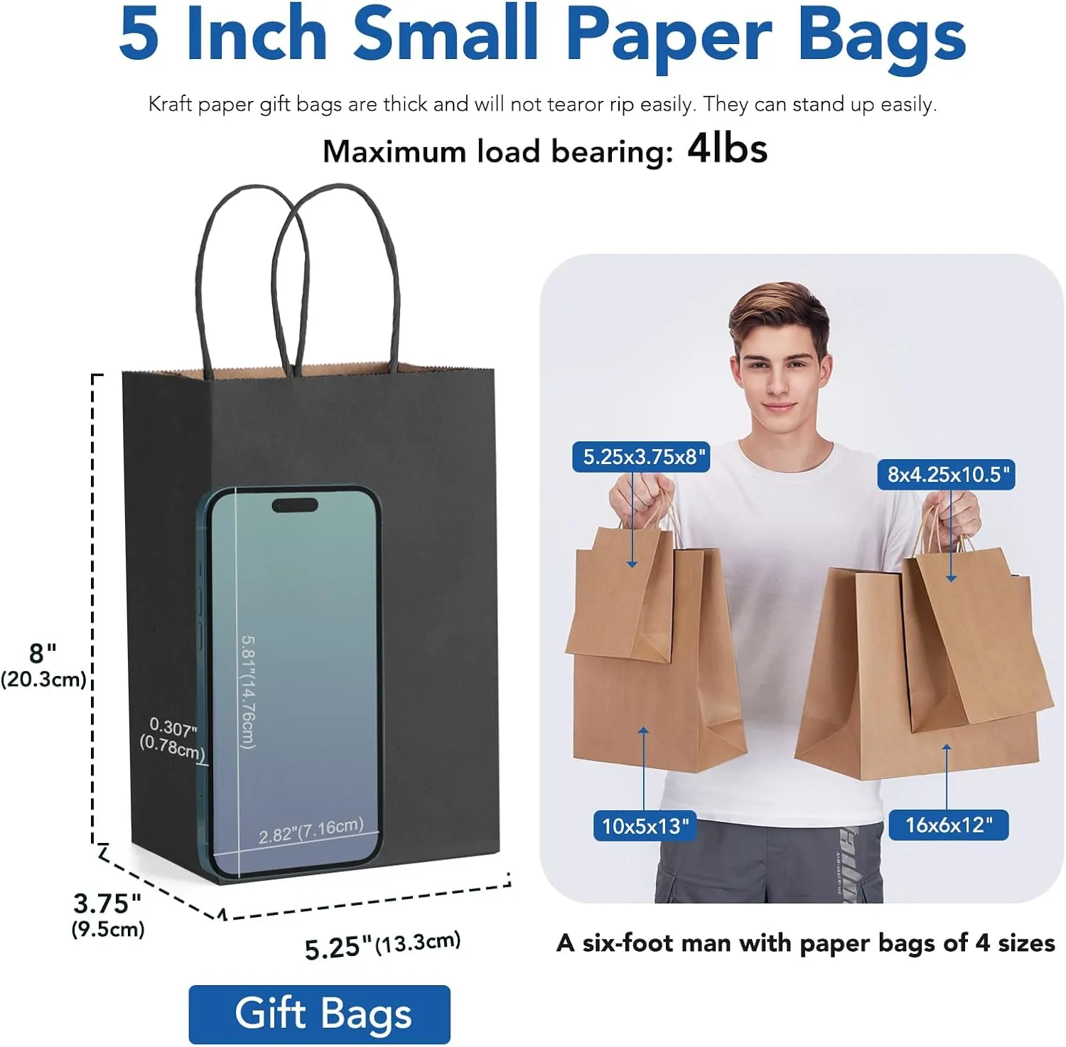 GSSUSA Black Gift Bags 5.25x3.75x8 100Pcs, Valentines Day Bag, Black Paper Bags with Handles Bulk, for Small Business, Sturdy Kraft Paper, Retail Shopping, Party Favor, Valentine's Day Gift Bag