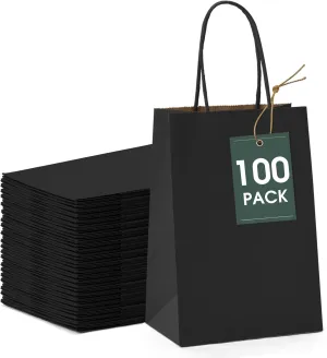 GSSUSA Black Gift Bags 5.25x3.75x8 100Pcs, Valentines Day Bag, Black Paper Bags with Handles Bulk, for Small Business, Sturdy Kraft Paper, Retail Shopping, Party Favor, Valentine's Day Gift Bag