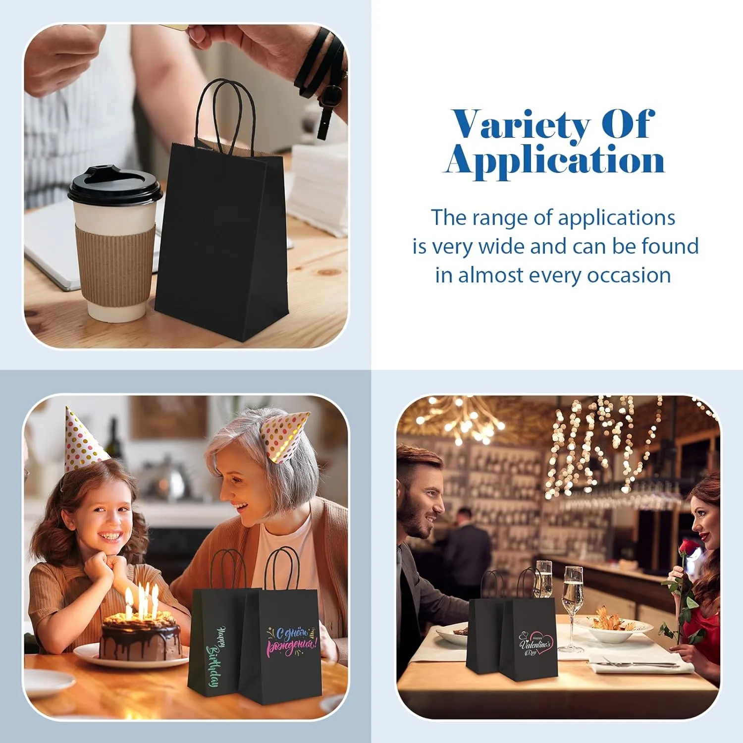 GSSUSA Black Gift Bags 5.25x3.75x8 100Pcs, Valentines Day Bag, Black Paper Bags with Handles Bulk, for Small Business, Sturdy Kraft Paper, Retail Shopping, Party Favor, Valentine's Day Gift Bag