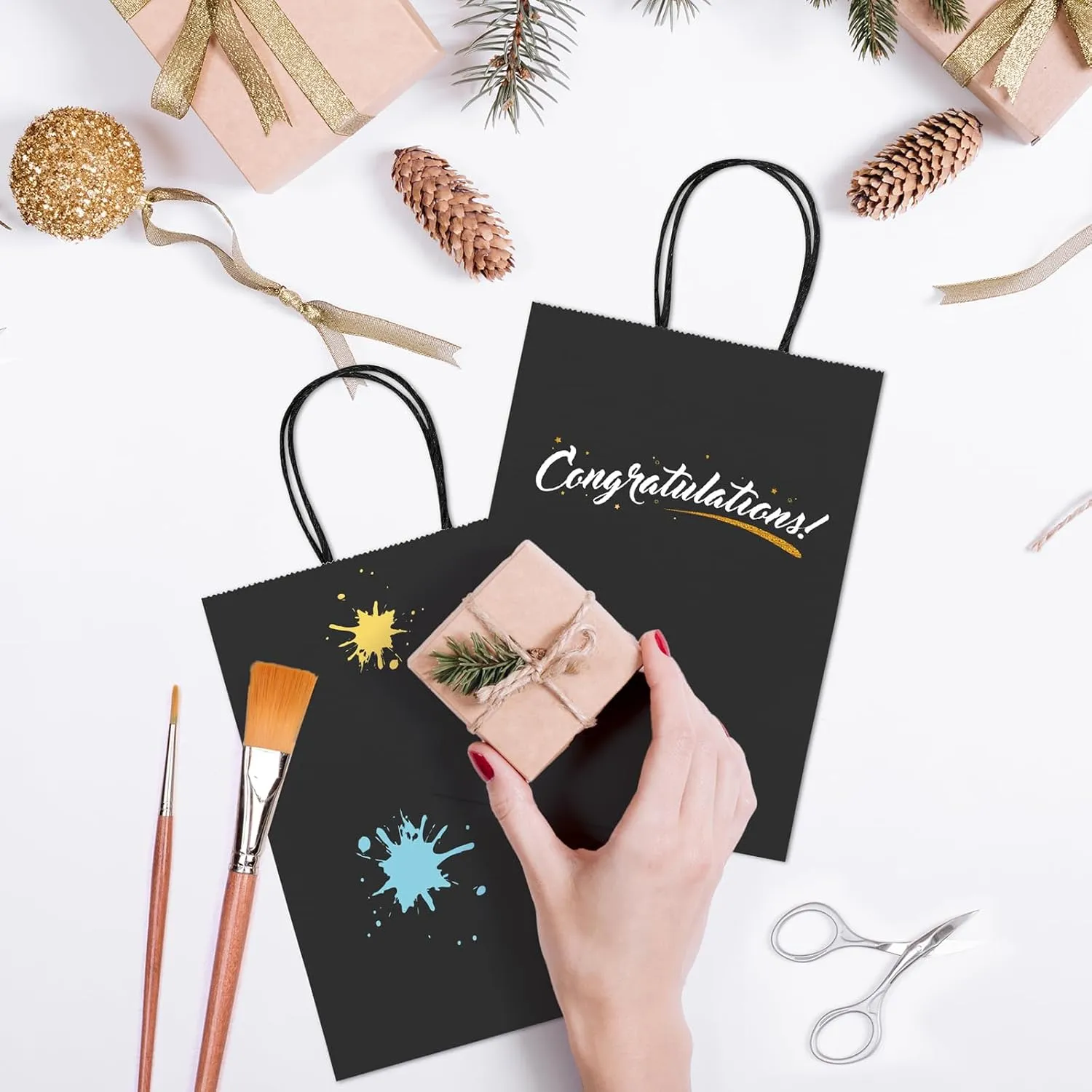 GSSUSA Black Gift Bags 5.25x3.75x8 100Pcs, Valentines Day Bag, Black Paper Bags with Handles Bulk, for Small Business, Sturdy Kraft Paper, Retail Shopping, Party Favor, Valentine's Day Gift Bag