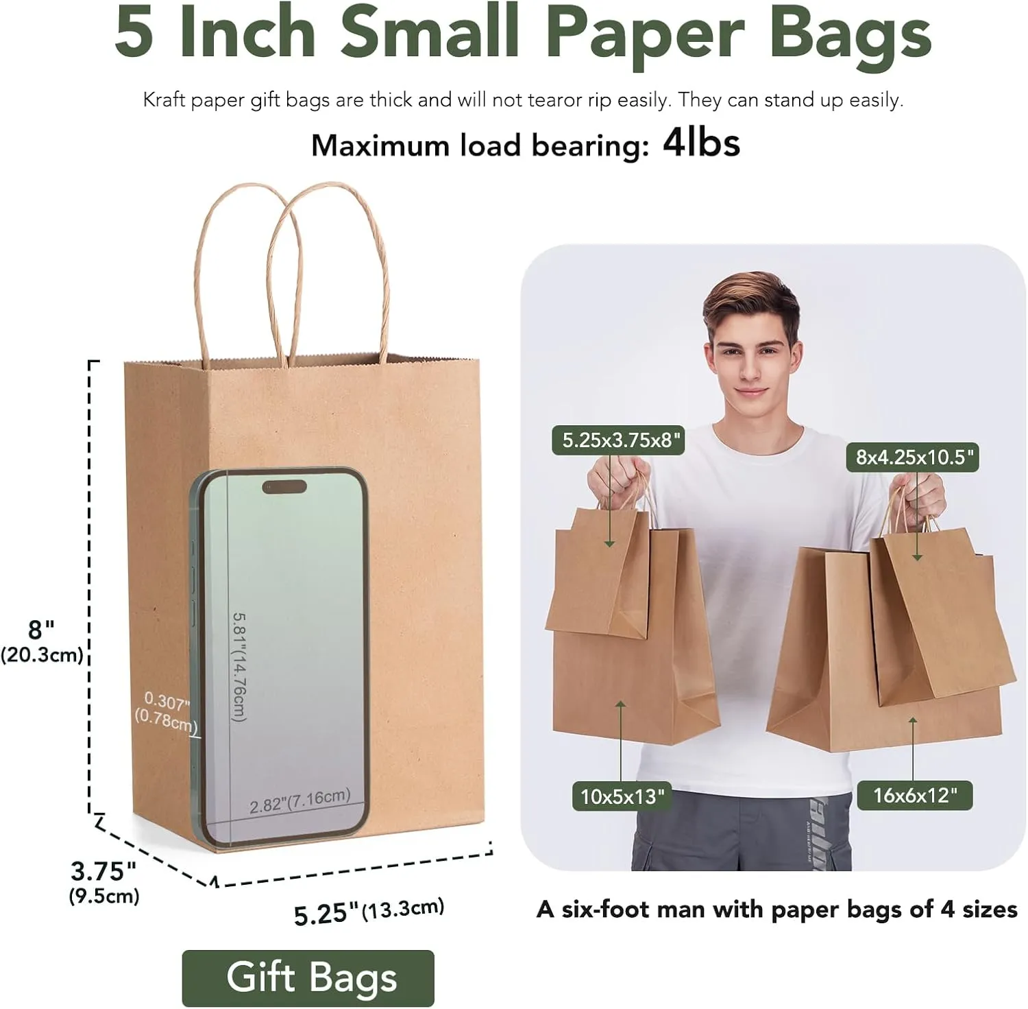 GSSUSA Brown Paper Bags 5.25x3.75x8 20Pcs, Small Gift Paper Bag with Handles Bulk, Graduation Gift, Sturdy Kraft Paper, Retail Shopping Bags, Party Favor, Christmas