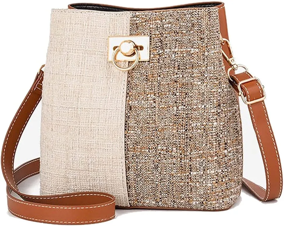 Handbags Shoulder Bags Leather Women Panelled Bucket Bag Shoulder Bag Crossbody Bag (Brown)