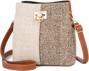 Handbags Shoulder Bags Leather Women Panelled Bucket Bag Shoulder Bag Crossbody Bag (Brown)