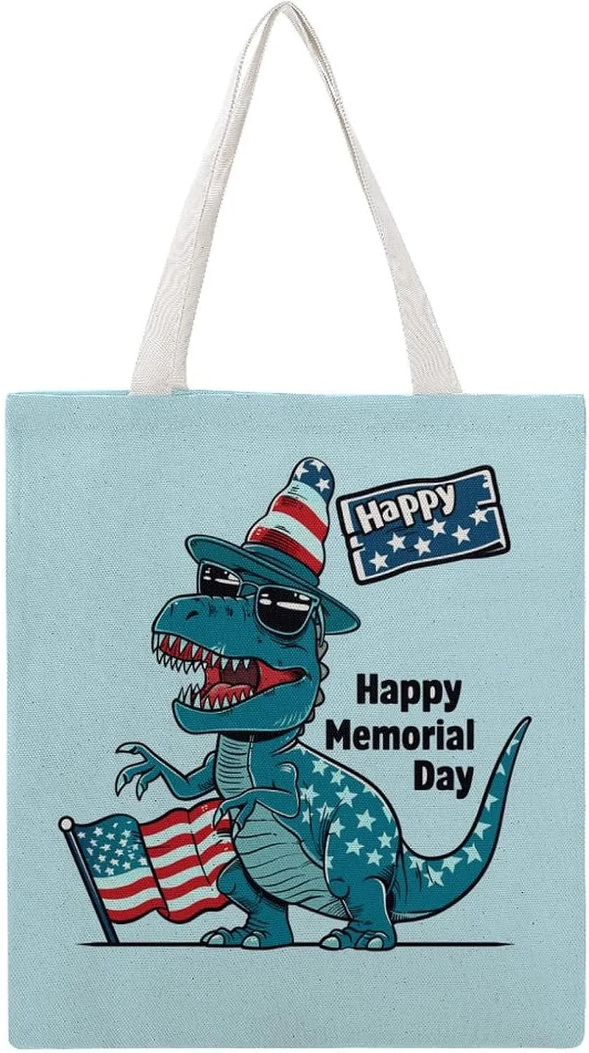 Happy Memorial Day 4th Of July Dinosaur American Flag Canvas Tote Bag Casual Handbags Grocery Shopping Purses Work Bag for Women