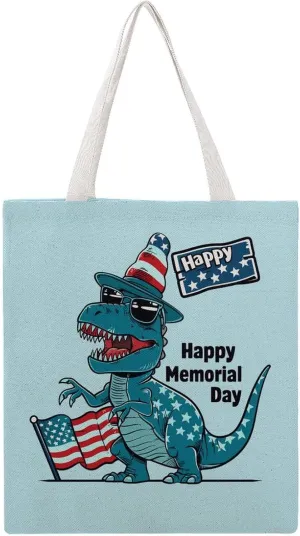 Happy Memorial Day 4th Of July Dinosaur American Flag Canvas Tote Bag Casual Handbags Grocery Shopping Purses Work Bag for Women