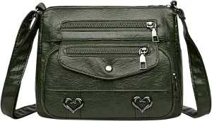 Heart Decor Crossbody Bag Solid Vintage PU Leather Shoulder Bags Versatile Women Pockets Purse With (Green, One Size)