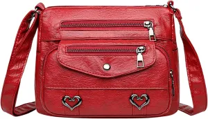 Heart Decor Crossbody Bag Solid Vintage PU Leather Shoulder Bags Versatile Women Pockets Purse With (Red, One Size)